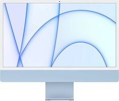 a computer monitor with blue and white swirls on it's display screen, viewed from the front