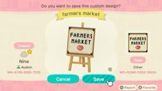 an animal crossing game screen showing the farmer's market sign and other items for sale