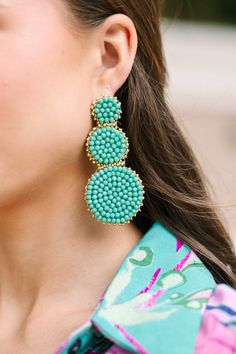 shop the mint, boutique clothing for women, trendy online boutique Turquoise Earrings For Spring Party, Colorful Beaded Dangle Earrings For Spring, Summer Earrings With Large Beads, Spring Colorful Bead Dangle Earrings, Trendy Beaded Earrings For Beach, Trendy Round Beaded Earrings For Beach, Spring Colorful Beaded Drop Earrings, Spring Party Earrings With Round Beads, Summer Beaded Earrings With Round Beads For Pierced Ears