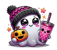 a cartoon ghost holding a drink and wearing a knitted hat with stars in the background