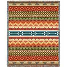 a multicolored rug with different patterns and colors on the front, in red, orange