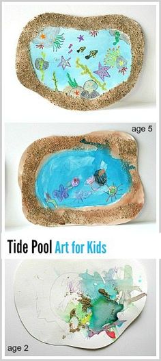 three pictures showing how to make a sand tray with water and sea animals on it