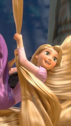 a cartoon girl riding on the back of a flying bird with long blonde hair and wearing a purple dress