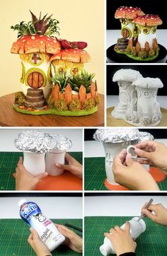 there are many pictures of different things made out of plastic cups and paper machs