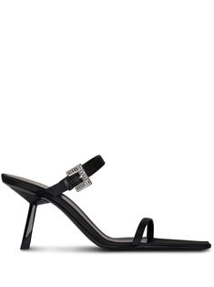 black satin crystal buckle detail square toe open toe branded leather insole slip-on style pin heel 75mm heel height Luxury Heels With Tang Buckle, Evening Heels With Tang Buckle And Open Heel, Luxury Formal Mules With Tang Buckle, Elegant Formal Mules With Rectangular Buckle, Elegant Sandals With Sculpted Heel And Rectangular Buckle, Party Heels With Single Toe Strap And Tang Buckle, Party Heels With Tang Buckle And Single Toe Strap, Modern Heels With Rectangular Buckle For Evening, Luxury Square Toe Mules For Evening