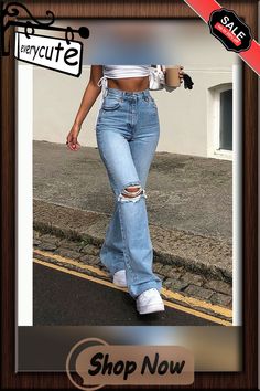 Light Blue Distressed Ripped Hole Wide Leg Jeans Trendy Ripped Blue Flare Jeans, High Rise Ripped Blue Flare Jeans, Blue Ripped Flare Jeans For Summer, Summer Ripped Blue Flare Jeans, Style Jeans, Basic Tops, Wide Leg Denim, Daily Look, Fit & Flare