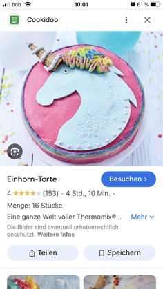 an iphone screenshot shows the profile of a cake with unicorns on it and other images