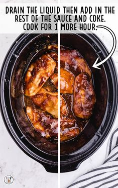 two pictures showing how to cook chicken in the slow cooker with instructions for cooking