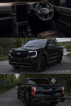 the interior and dashboard of a black pickup truck with its lights on, in three different views