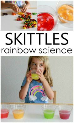 the cover of skittles rainbow science is shown with pictures of different colors and shapes