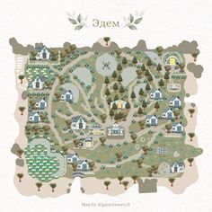 an illustrated map of a town with lots of trees and houses on it's sides