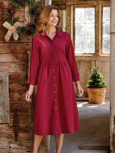 You'll Love the Graceful Drape of Our Soft Pinwale Corduroy Dress Fall Dresses With Pintucks, Fall Long Sleeve Pintuck Dress, Fall Cotton Dresses With Button Closure, Cotton Dresses With Button Closure For Fall, Fall Cotton Midi Dress With Button Closure, Cotton Midi Dress With Button Closure For Fall, Chenille Dress, Warm Winter Dresses, Pintuck Dress