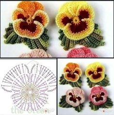 crocheted flowers are shown in three different colors