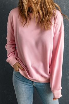 Round Neck Dropped Shoulder Sweatshirt - Sydney So Sweet Lisa Fischer, Pink Crewneck Sweatshirt, Beige Pullover, Blank Apparel, Dropped Shoulder Sweatshirt, Pink Crewneck, Casual Cardigans, Pink Sweatshirt, Casual Coat