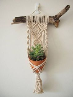 a plant in a pot hanging on a wall with a macrame and rope