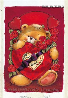 a painting of a teddy bear holding a heart with roses and hearts around it on a red background