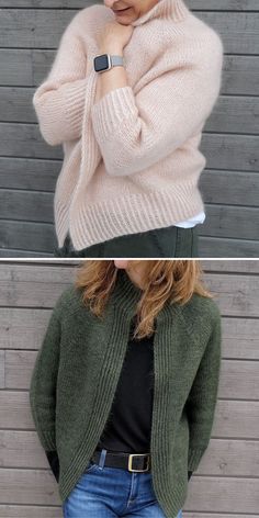 two photos side by side of a woman wearing a pink sweater and green cardigan