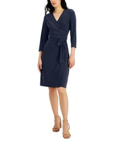 Make timeless sophistication part of your rotation with this Alfani dress, a wrap silhouette that's always stylish. Approx. model height is 5'10" and she is wearing a size small Surplice neckline; Wrap silhouette Tie closure at front 3/4-sleeves On-seam pockets at sides XS=0-2, S=2-4, M=6-8, L=10-12, XL=14-16 Lined Polyester/spandex; lining: polyester Machine washable Imported , Web ID: 13895928 Fitted Faux Wrap Dresses For Fall, Formal Midi-length Faux Wrap Dress, Formal Midi Length Faux Wrap Dress, Formal Knee-length Faux Wrap Dress, Formal Faux Wrap Midi Dresses, Fitted Knee-length Faux Wrap Dress, Fitted Formal Midi Dress With Faux Wrap, Formal Fitted Midi Dress With Faux Wrap, Formal Fitted Faux Wrap Midi Dress