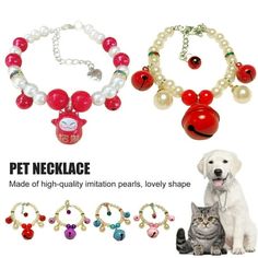 two dogs and a cat are wearing necklaces with bells, beads, and charms