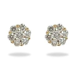 Fall in love with these exquisite Flower 14K Yellow Gold Diamond Stud Earrings. Set in 14K yellow gold and featuring 14 diamonds totaling 0.75 ctw., these earrings will add an elegant sparkle to any look. Be inspired and captivated by their classic yet dazzling design! The perfect gift.Jewelry Style : EarringsJewelry Style : Diamond StudMetal Type : 14K YellowDiamond Shape : Round Brilliant CutDiamond Weight : 0.75 ctwDiamond Quantity : 14 round white diamondsDiamond Color : I-JDiamond Clarity : SI1-SI2 Formal Flower-shaped Diamond Earrings With Single Cut Diamonds, Classic Flower Shaped Diamond Earrings For Formal Occasions, Classic Diamond Earrings With Flower Shape For Formal Occasions, Classic Flower Shaped Diamond Earrings For Formal Events, Classic Diamond Flower Earrings For Formal Occasions, Classic Formal Flower Shaped Diamond Earrings, Classic Formal Diamond Flower Earrings, Classic Yellow Gold Flower-shaped Cluster Earrings, Luxury Flower Shaped Diamond Earrings With Accents