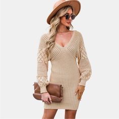 Brand New Just Took The Tags Off! Beige Mini Dress For Winter Day Out, Winter Beige Mini Dress For Day Out, Beige Winter Dresses For Day Out, Beige Winter Dress For Day Out, Beige Dress For Winter Day Out, V-neck Mini Dress For Winter Day Out, Cupshe Dress, Delicate Crochet, Maxi Bodycon Dress