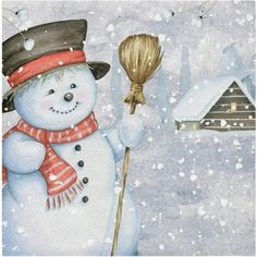 a painting of a snowman holding a broom