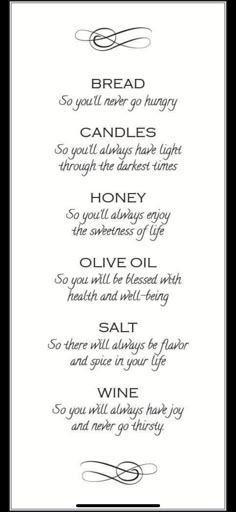 a black and white menu with the words bread, candles, honey, olive oil and salt