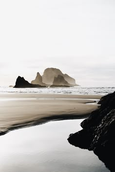 an empty beach with some rocks in the water