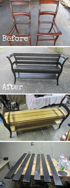 before and after photos of a bench made out of pallet wood, then painted black