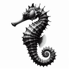 a black and white photo of a seahorse's head with spirals on it