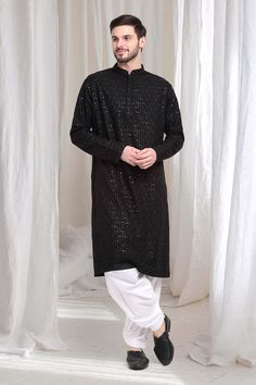 Black kurta with thread sequin embroidered floral checkered patterns. Comes with patiala. - Aza Fashions Patiala For Men, Black Kurta, Cocktail Reception, Checkered Pattern, Mandarin Collar, Aza Fashion, Black Cotton, Types Of Sleeves, Sequin