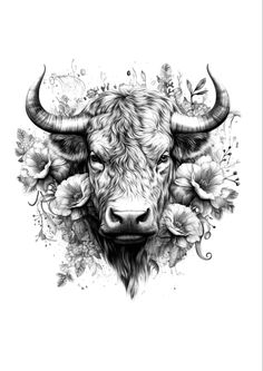 a bull with horns and flowers on its head is shown in this black and white drawing