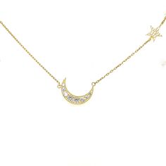 Our Charms are Handmade and Plated with 14k Gold and Cubic Zirconia .  Base Metal is 925 Sterling Silver .  Chains are 16inch. Gold Celestial Necklace With Cubic Zirconia, Celestial Necklace With Cubic Zirconia And Diamond Accents, Gold Star-shaped Cubic Zirconia Necklace, Celestial Cubic Zirconia Necklace With Diamond Accents, Gold Cubic Zirconia Necklace With Star Charm, Gold Star-shaped Diamond Necklace Gift, Celestial Hallmarked Necklaces For Anniversary, Celestial Style Hallmarked Necklaces For Anniversary, Yellow Gold Star-shaped Cubic Zirconia Necklace