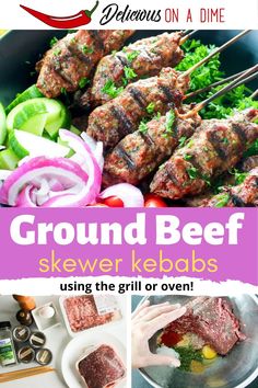 ground beef skewer kebabs with onions and peppers