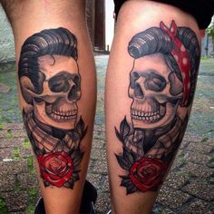 two men with tattoos on their legs, one has a skull and the other has a rose