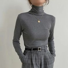 Solid Color Turtleneck Long Sleeve Knitted Tee High Stretch Gray Tops For Winter, High Stretch Gray Top For Winter, Gray Long Sleeve Top For Fall, Slim Fit Sweater For Fall, Non-stretch Gray Top For Winter, Gray Fall Long Sleeve Top, Elegant Gray Winter Tops, Elegant Gray Winter Top, Casual Long Sleeve Turtleneck Top For Winter