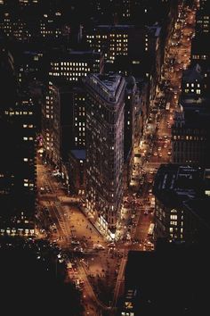 an aerial view of a city at night