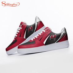 a pair of red and black sneakers with white soles on a white background, side view