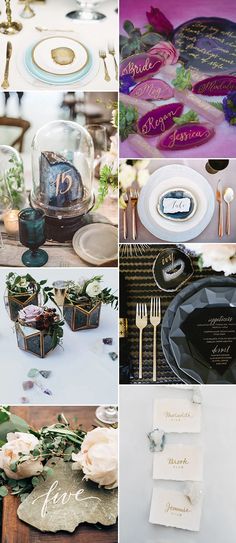 a collage of photos with flowers and place settings