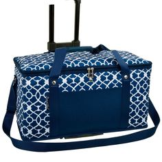 a blue and white patterned cooler bag with wheels on it's side, attached to a black handle