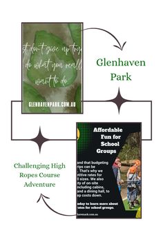 Glenhaven Park advertisement featuring a high ropes course adventure and affordability for school groups.