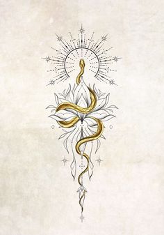 an artistic tattoo design on paper with gold ink