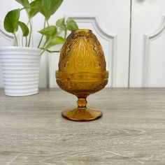 a glass vase sitting on top of a wooden table next to a potted plant