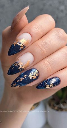 41 Pretty Nail Art Design Ideas To Jazz Up The Season : Gold Foil On Dark Blue Nails Dark Blue Nails, Elegant Nail, Her Nails, Pretty Nail Art Designs, Blue Nail Designs, Nail Idea, Foil Nails