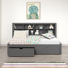 a bed with an open book shelf above it