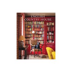 an english country house magazine cover with a dog sitting on a chair in front of a bookshelf