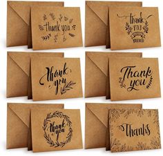 six thank you cards with handwritten words on them, all in different styles and shapes