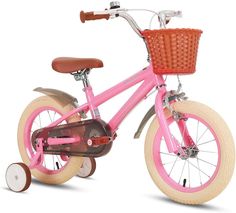 a pink bike with a basket on the front and back wheel, is shown in this image