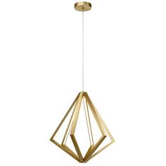 a light fixture hanging from the ceiling with gold colored metal frame and geometric shapes on it