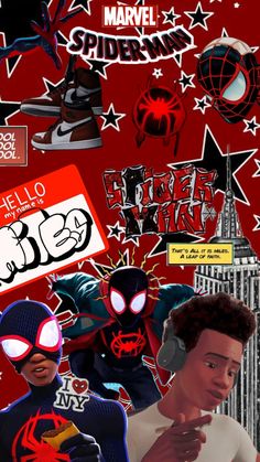 spider - man collage with various stickers on it